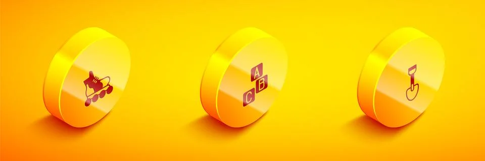 Set Isometric Roller skate, ABC blocks and Shovel toy icon. Vector Stockillustratie