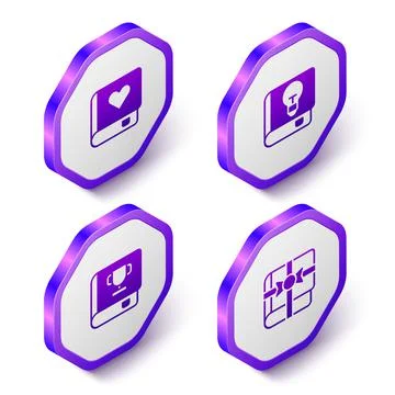 Set Isometric Romance book, User manual, Book and as gift icon. Purple hexago Stock Illustration