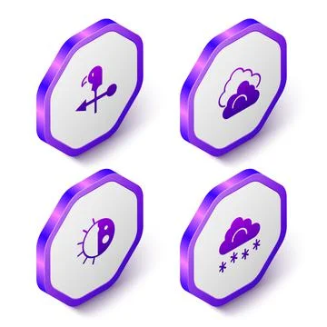 Set Isometric Rooster weather vane, Cloud, Day night cycle and with snow icon Stock Illustration