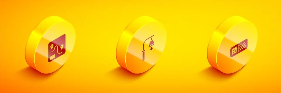 Set Isometric Route location, Train station bell and QR code ticket train icon Stock Illustration
