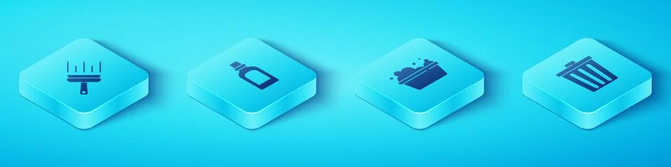Set Isometric Rubber cleaner for windows, Bottle cleaning agent, Trash can and Stock Illustration