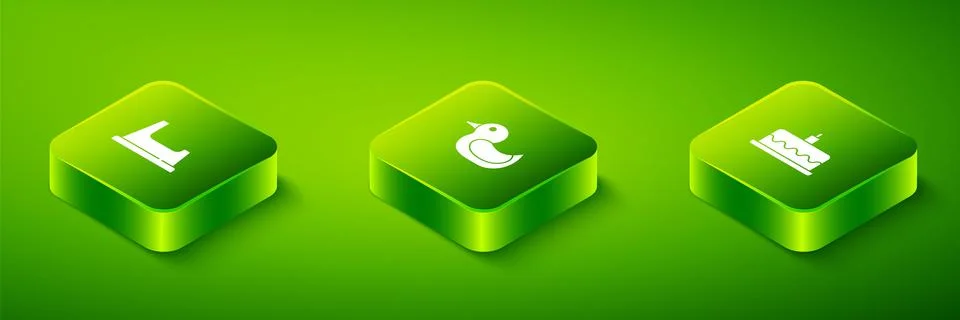 Set Isometric Rubber duck, Cake with burning candles and Baby potty icon. Vec Stock Illustration