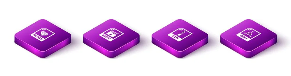 Set Isometric RUBY file document, MOV, ZIP and OBJ icon. Vector Illustrazione stock