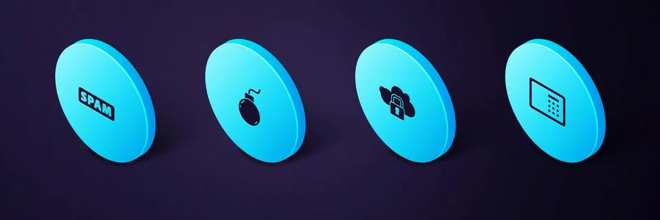 Set Isometric Safe, Cloud computing lock, Bomb ready to explode and Spam icon Stock Illustration