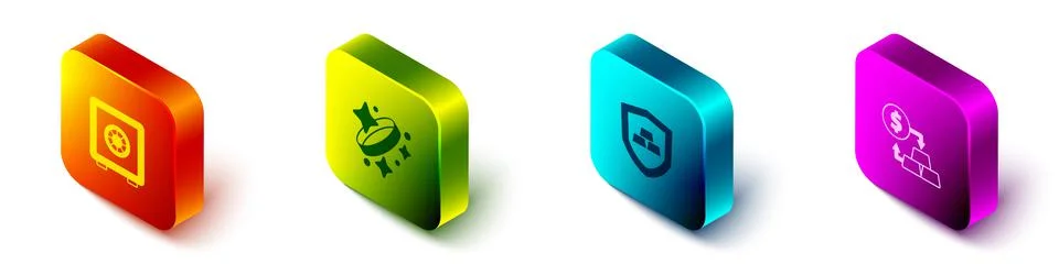 Set Isometric Safe, Gold ring, bars with shield and exchange money icon. Vector Stock Illustration