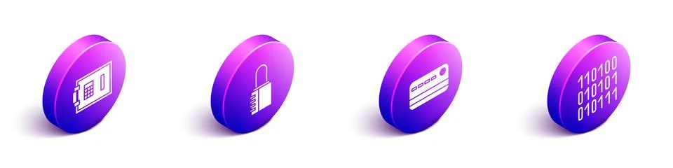 Set Isometric Safe, Safe combination lock, Credit card and Binary code icon Stock Illustration