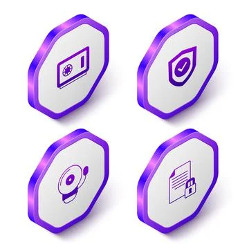 Set Isometric Safe, Shield with check mark, Ringing alarm bell and Document and Illustrazione stock