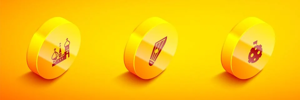 Set Isometric Saint Basil's Cathedral, Kankles and Moon with flag icon. Vector Stock Illustration