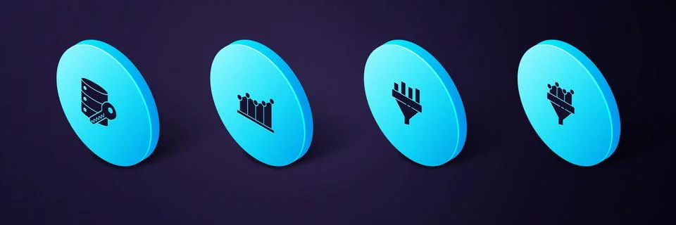Set Isometric Sales funnel with chart, , Pie infographic and Server security  Stock Illustration