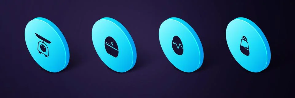 Set Isometric Salt, Broken egg, Kitchen timer and Scales icon. Vector Stock Illustration