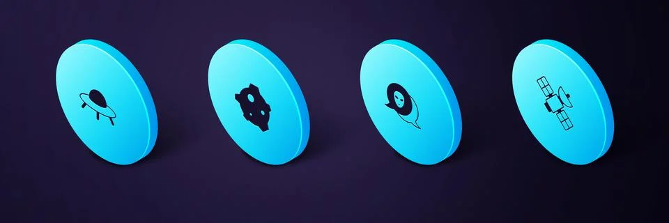 Set Isometric Satellite, Alien, Asteroid and UFO flying spaceship icon. Vector Illustrazione stock