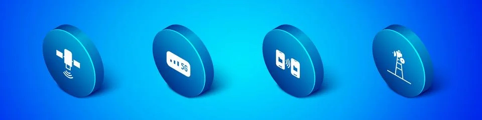 Set Isometric Satellite, Data transfer and storage, dish and 5G wireless in.. Stock Illustration