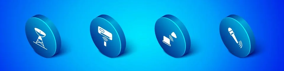Set Isometric Satellite dish, Network cloud connection, Wireless microphone.. Stock Illustration