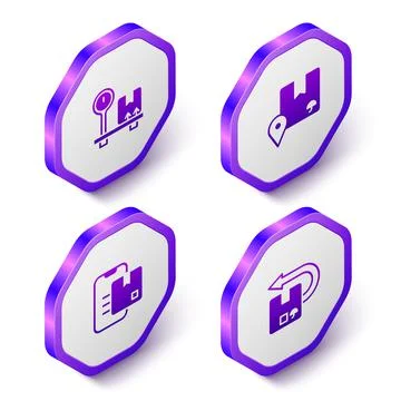 Set Isometric Scale with cardboard box, Location, Document tracking marker and Illustrazione stock
