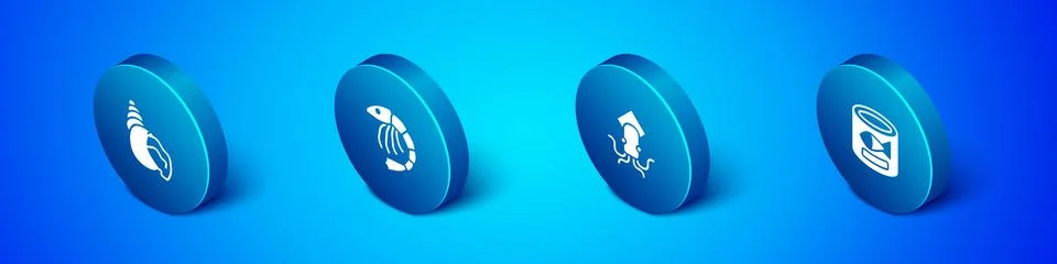 Set Isometric Scallop sea shell, Octopus, Canned fish and Shrimp icon. Vector 스톡 일러스트