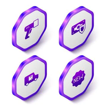 Set Isometric Scanner scanning bar code, Money with shield, Delivery cargo truck Stock Illustration