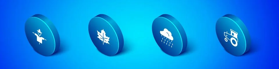 Set Isometric Scarecrow, Cloud with rain, Tractor and Leaf leaves icon. Vector Stock Illustration