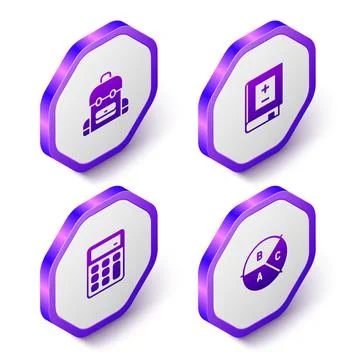 Set Isometric School backpack, Book with mathematics, Calculator and Pie chart Stock Illustration