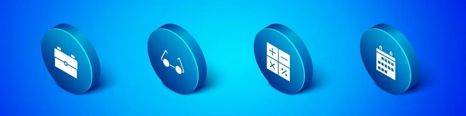 Set Isometric School backpack, Calculator, Calendar and Glasses icon. Vector Stock Illustration