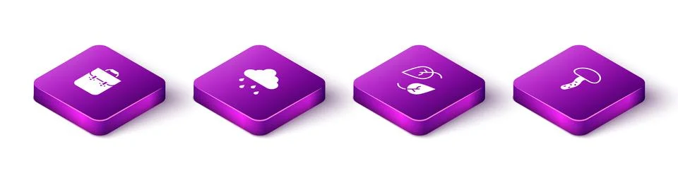 Set Isometric School backpack, Cloud with rain, Leaf and Mushroom icon. Vector Stock Illustration