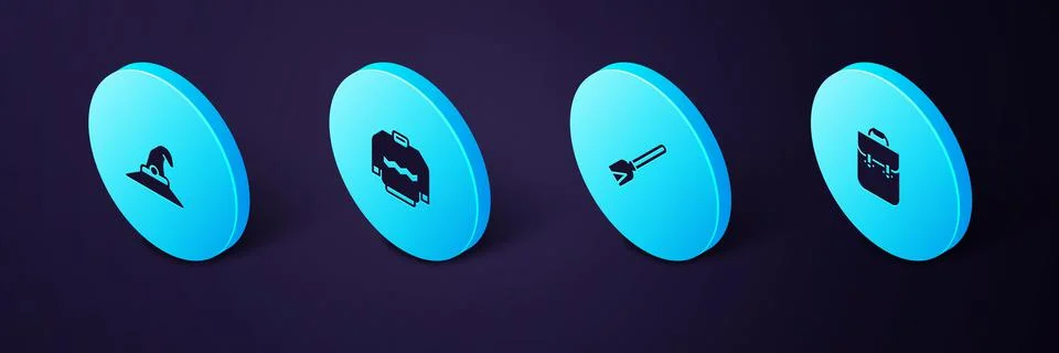 Set Isometric School backpack, Handle broom, Sweater and Witch hat icon. Vector 스톡 일러스트