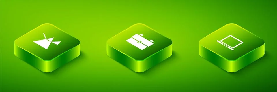 Set Isometric School backpack, Laptop and Light rays in prism icon. Vector Stock Illustration