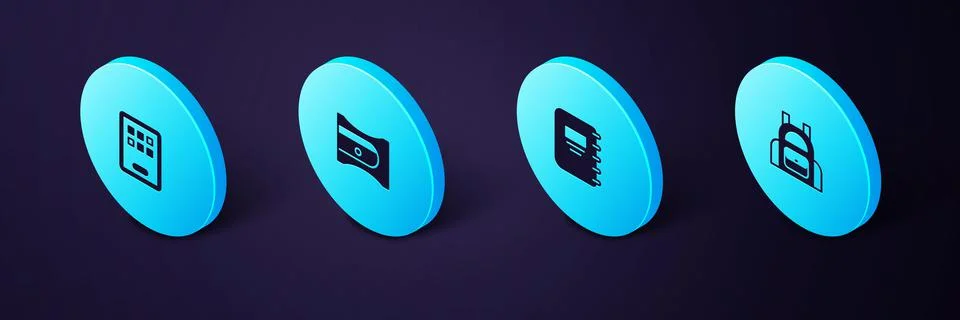 Set Isometric School backpack, Notebook, Pencil sharpener and Graphic tablet Stock-Illustration