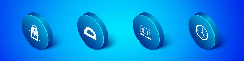 Set Isometric School backpack, Online class, Clock and Protractor grid icon Stock Illustration