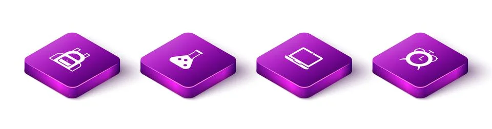 Set Isometric School backpack, Test tube, Laptop and Alarm clock icon. Vector Illustrazione stock