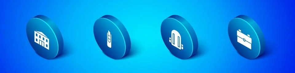 Set Isometric School building, backpack, and Stationery knife icon. Vector Ilustración de archivo