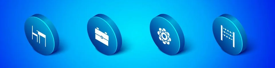 Set Isometric School table and chair, Atom, Abacus and backpack icon. Vector Stock Illustration