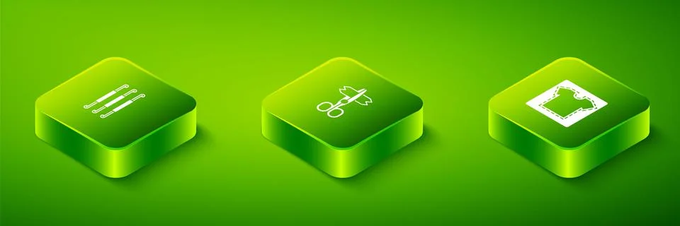 Set Isometric Scissors, Sewing pattern and Crochet hook icon. Vector イラスト素材