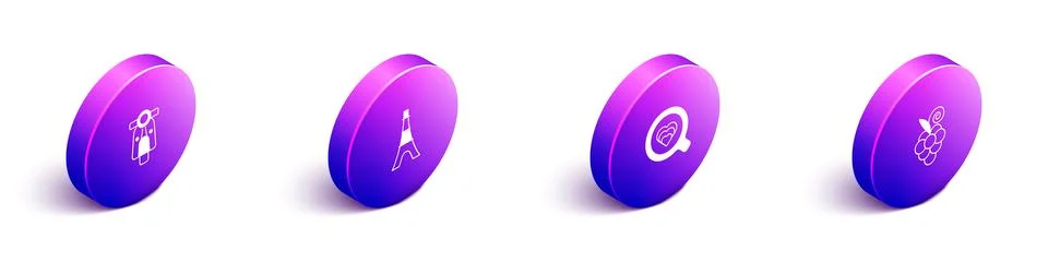 Set Isometric Scooter, Eiffel tower, Coffee cup and Grape fruit icon. Vector Illustrazione stock