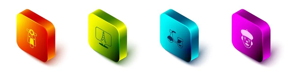 Set Isometric Scooter, Eiffel tower, and French mime icon. Vector Illustrazione stock