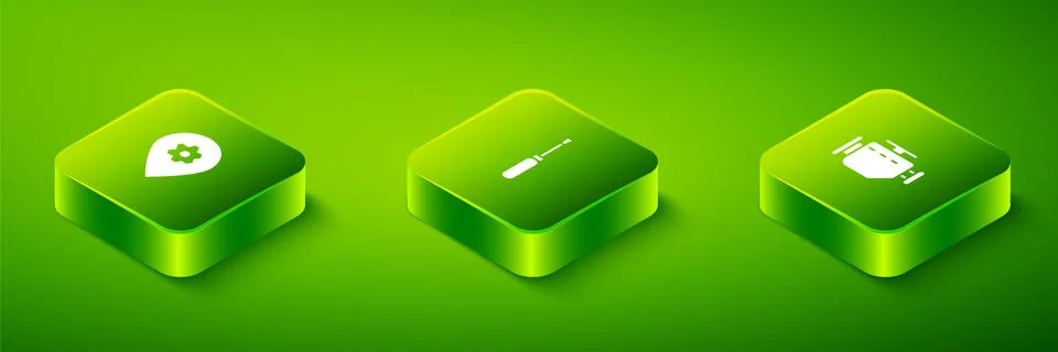 Set Isometric Screwdriver, Check engine and Location with car service icon Illustrazione stock