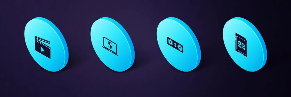 Set Isometric SD card, Bluetooth speakers, Laptop with shield and Movie clapp Stock Illustration