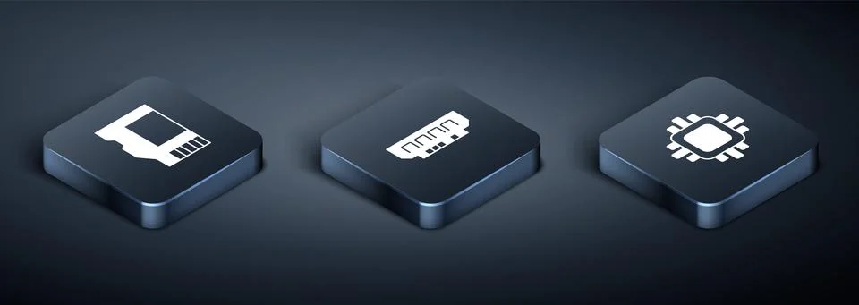 Set Isometric SD card, Processor with CPU and RAM, random access memory icon Stock Illustration