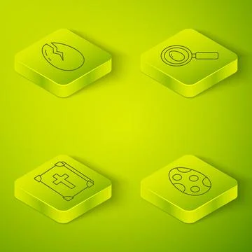 Set Isometric Search and easter egg, Holy bible book, Easter egg and Broken egg Stock Illustration