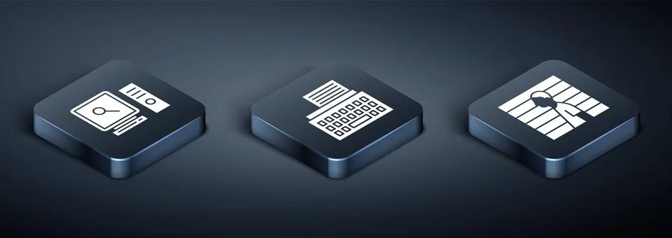 Set Isometric Search on computer screen, Suspect criminal and Retro typewriter Stock Illustration