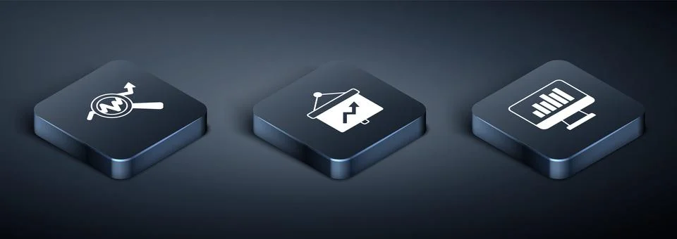 Set Isometric Search data analysis, Monitor with graph chart and Board icon Stock Illustration