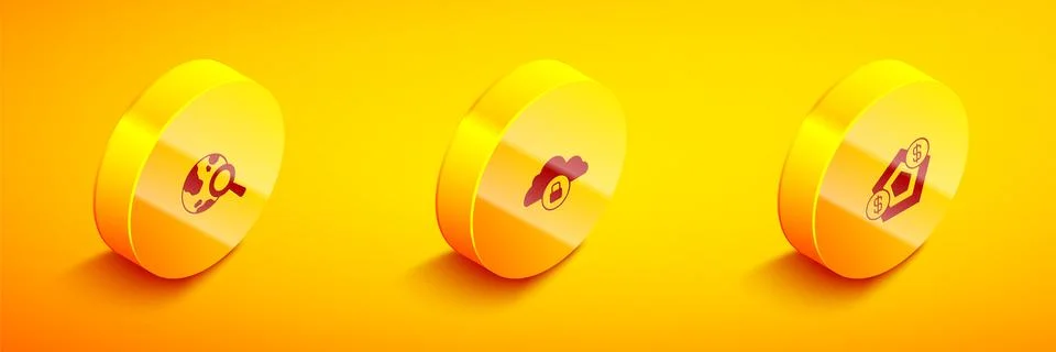 Set Isometric Search globe, Cloud computing lock and Financial growth icon Stock Illustration