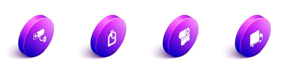 Set Isometric Security camera, Bottle for cleaning agent, Toilet paper roll and Stock Illustration
