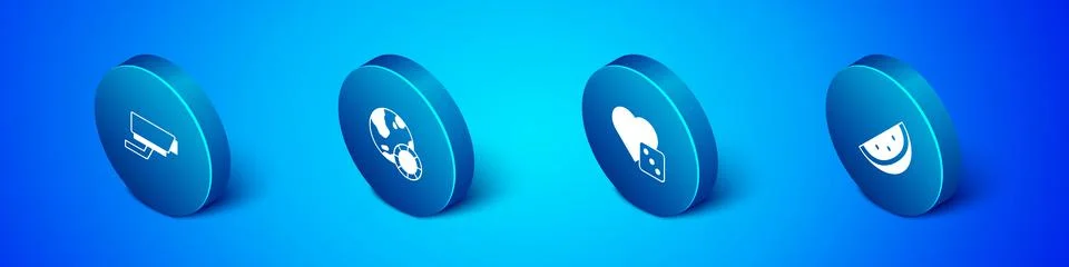 Set Isometric Security camera, Game dice, Casino slot machine with watermelon Stock Illustration