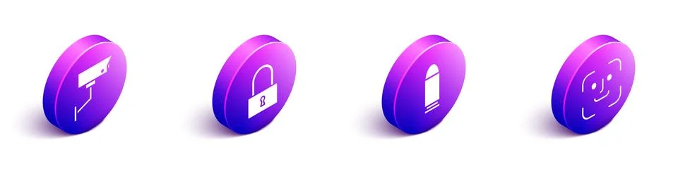 Set Isometric Security camera, Lock, Bullet and Face recognition icon. Vector Stock Illustration