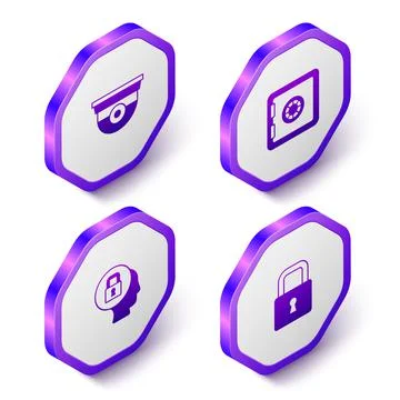 Set Isometric Security camera, Safe, Lock and  icon. Purple hexagon button. V Illustrazione stock