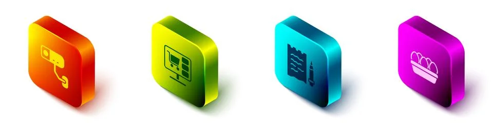 Set Isometric Security camera, Shopping cart on computer, list and pencil and Illustrazione stock