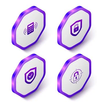 Set Isometric Security keypad access panel, Shield security with lock, check Stock Illustration