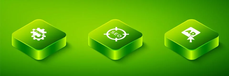 Set Isometric SEO optimization, Advertising and Social media marketing icon Stock Illustration