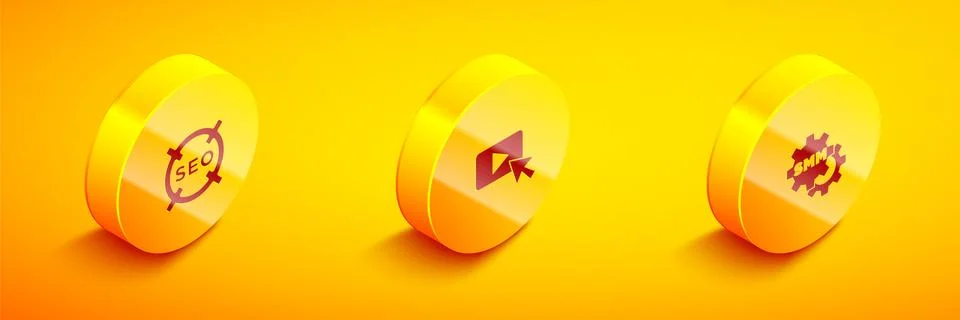 Set Isometric SEO optimization, Advertising and Social media marketing icon Stock Illustration