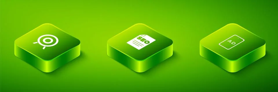 Set Isometric SEO optimization, Advertising and Target sport icon. Vector 스톡 일러스트